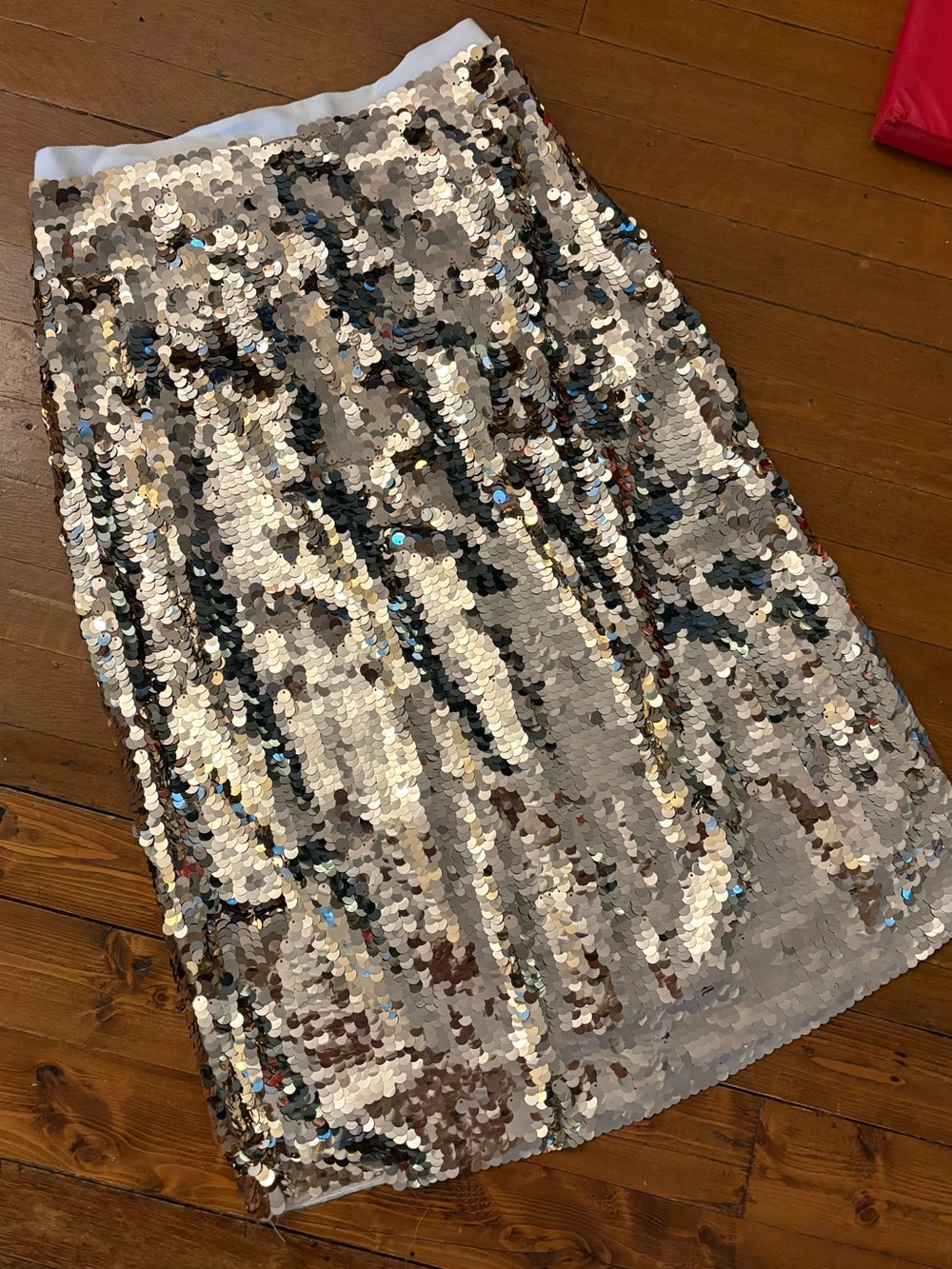 J. Crew Metallic Gold Sequin/Paillette Midi Skirt with Ribbon Waist - Size 0